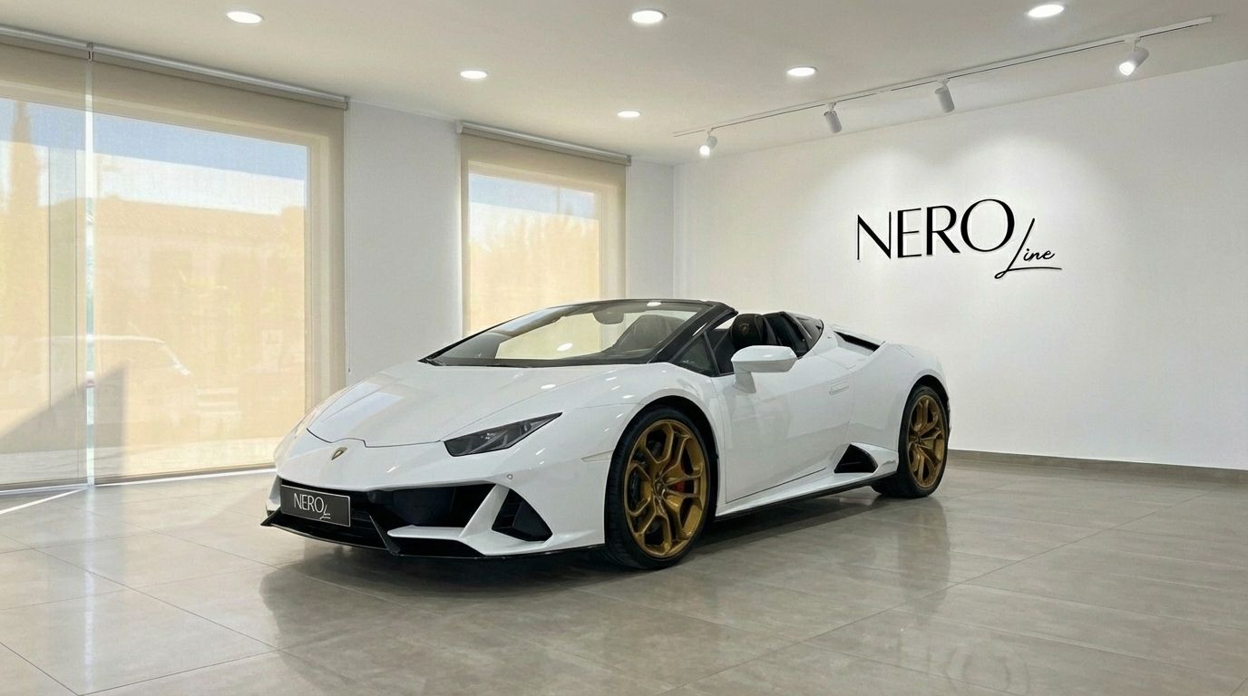 A white Lamborghini Huracan Evo Spyder with gold wheels is parked in a showroom in Alicante, seen from the front-left angle.