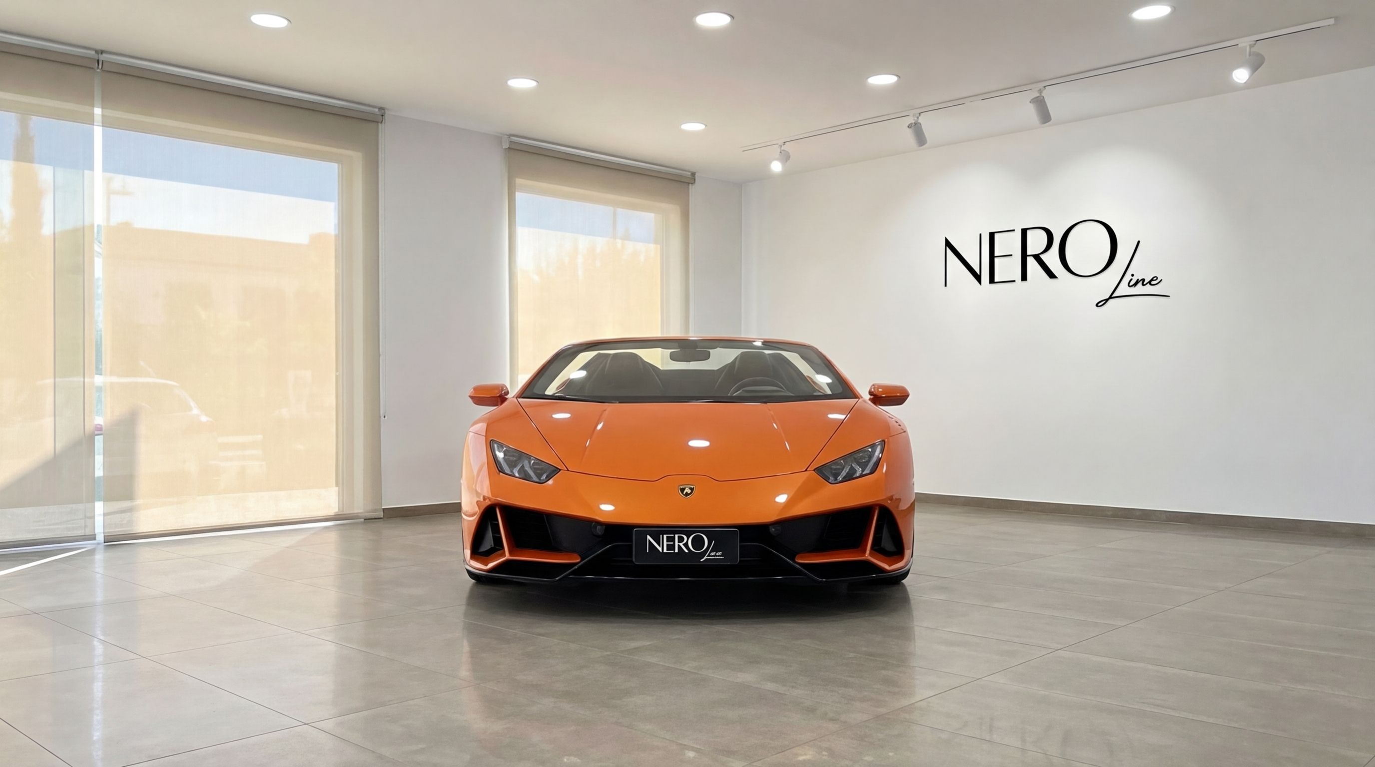 A vibrant orange Lamborghini Huracan Evo Spyder is parked front-on in a bright showroom in Malaga, featuring the NEROline logo.