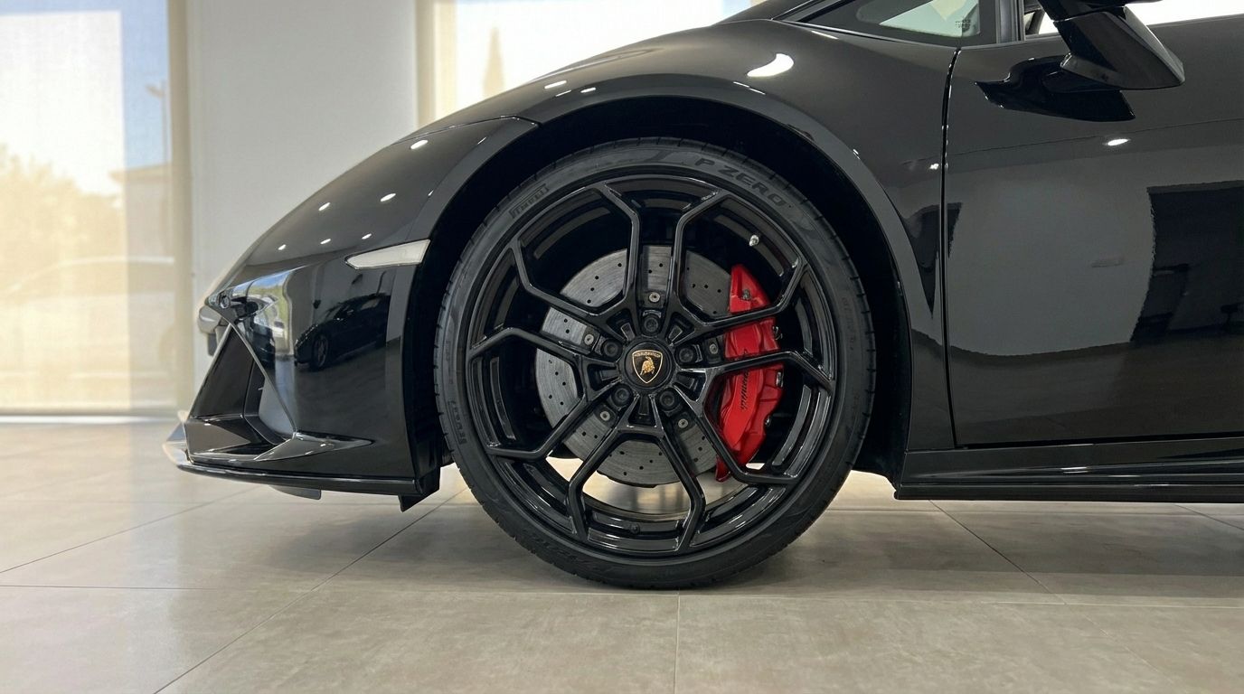 The black Lamborghini Huracan Evo Spyder's front wheel with striking red brake calipers is visible in Alicante.