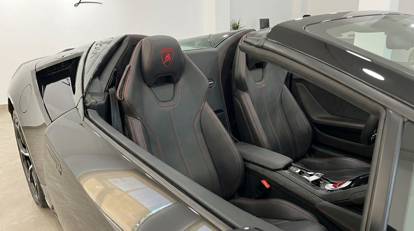 The luxurious black leather interior seats with red stitching of the Lamborghini Huracan Evo Spyder are visible in Alicante.