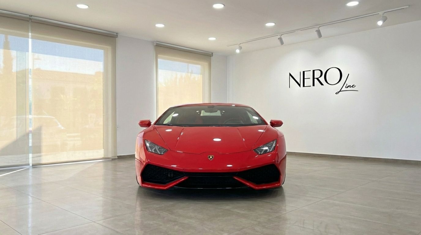 Un Lamborghini Huracan LP610-4 rojo de carreras se exhibe prominentemente de frente en un luminoso showroom en Madrid.