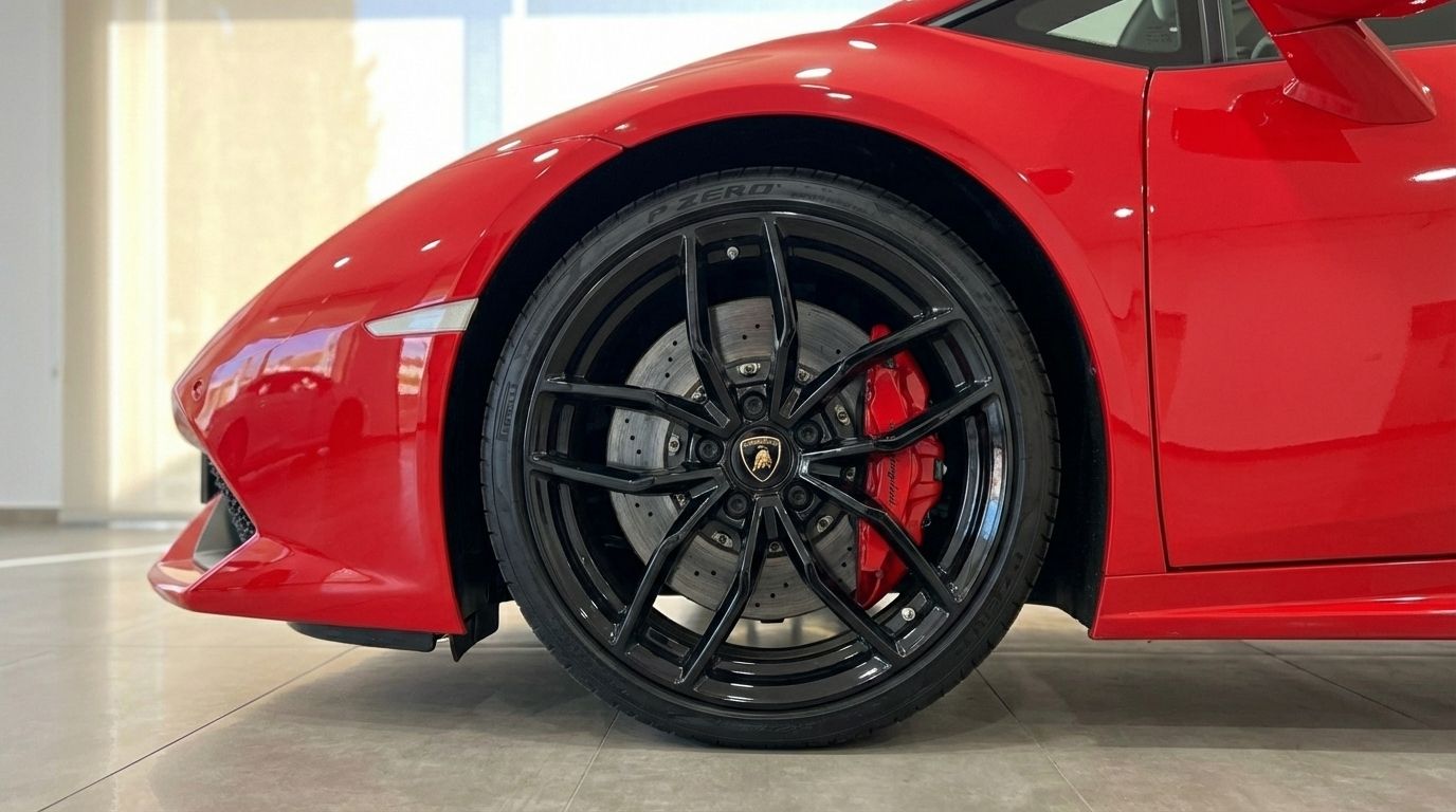 El Lamborghini Huracan LP610-4 rojo de carreras en Madrid, mostrando su llanta delantera de aleación negra y pinzas de freno rojas.