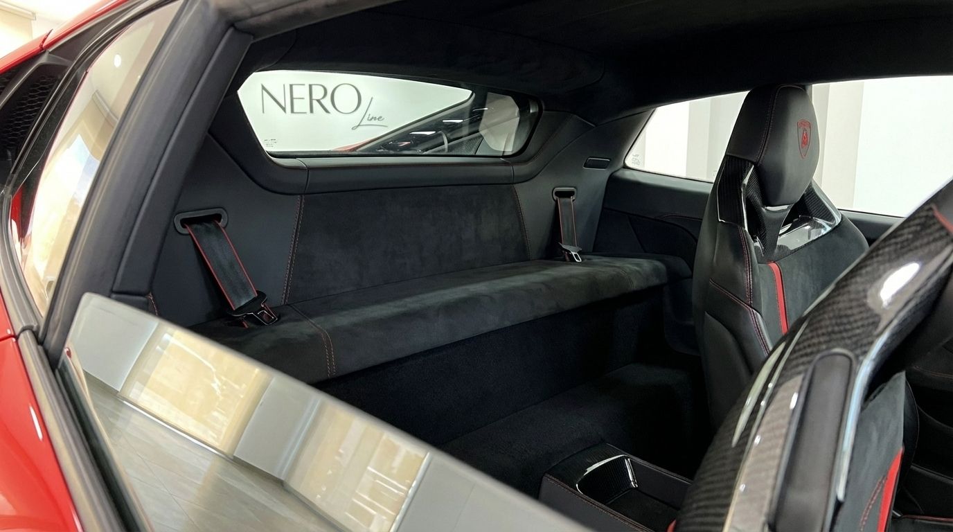La lujosa zona de almacenamiento trasera de Alcantara negro y el asiento del conductor con costuras rojas del Lamborghini Huracan LP610-4 en Madrid.