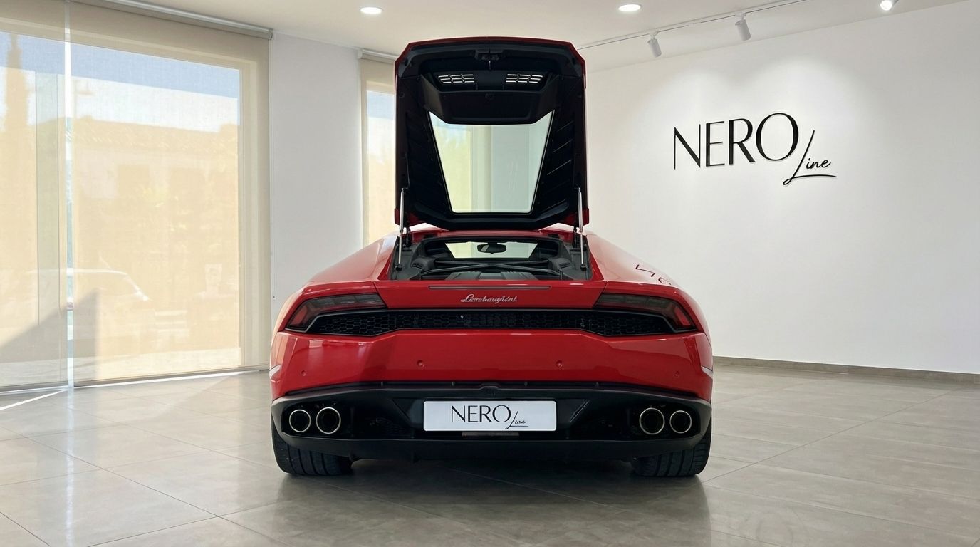 Vista trasera del Lamborghini Huracan LP610-4 rojo con el compartimento del motor abierto, mostrando su potente diseño en un showroom de Madrid.