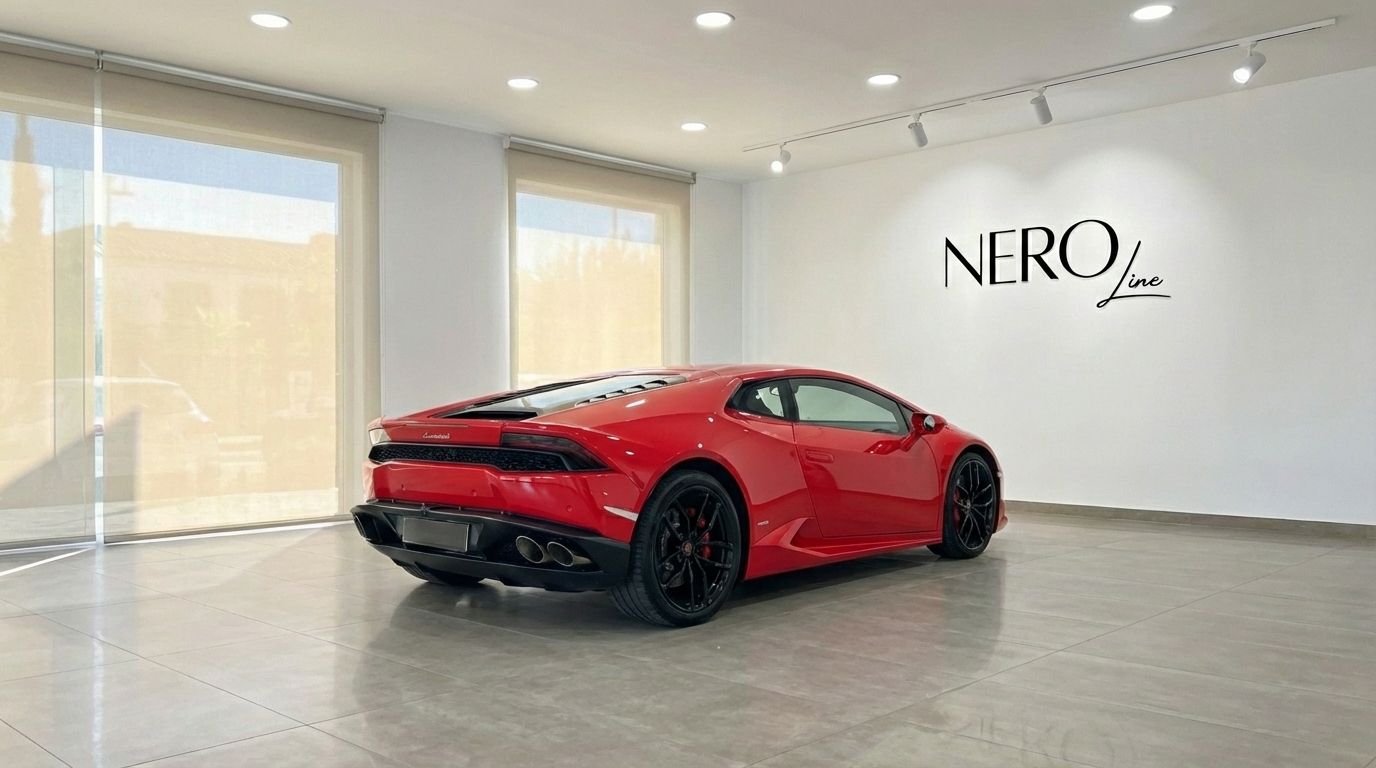 El Lamborghini Huracan LP610-4 rojo de carreras está estacionado en ángulo, mostrando su elegante vista trasera de tres cuartos en un showroom en Madrid.