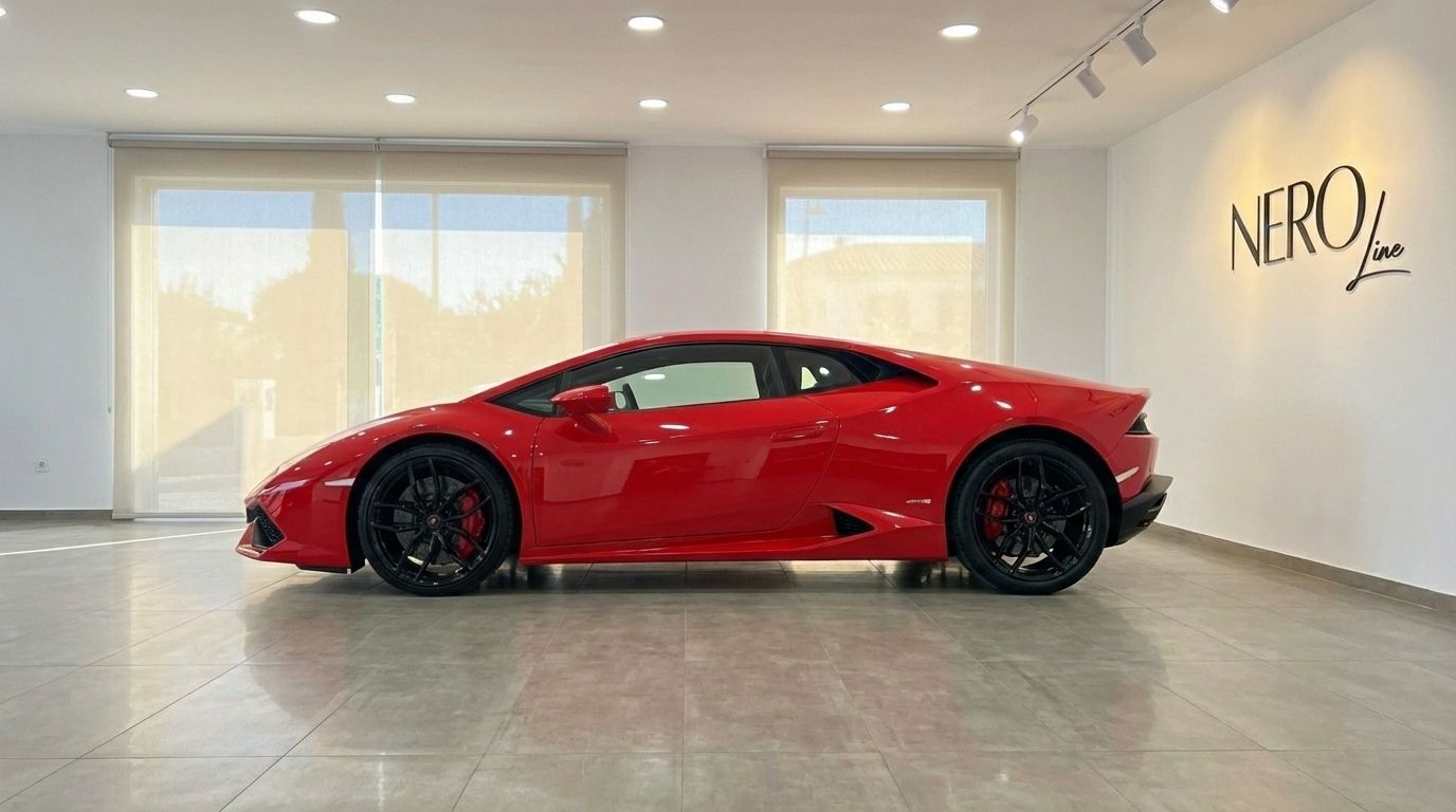 Un Lamborghini Huracan LP610-4 rojo de carreras está aparcado en el interior, mostrando su elegante perfil lateral en Madrid.