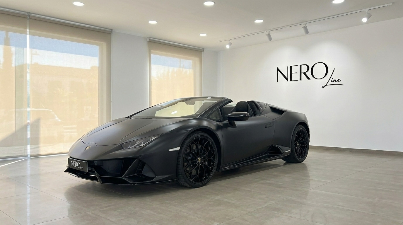 Lamborghini Huracan Spyder — Showroom-Ansicht Marbella Der mattschwarze Lamborghini Huracan Spyder wird in einer Dreiviertel-Frontansicht in einem Showroom in Marbella präsentiert.