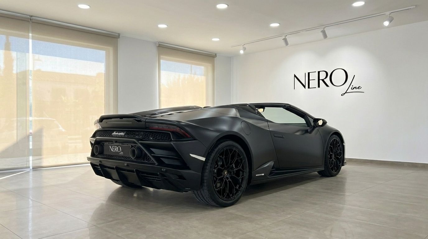 Ein mattschwarzer 2021 Lamborghini Huracan Spyder Cabrio steht innen geparkt, aus der hinteren Dreiviertelansicht in Marbella.