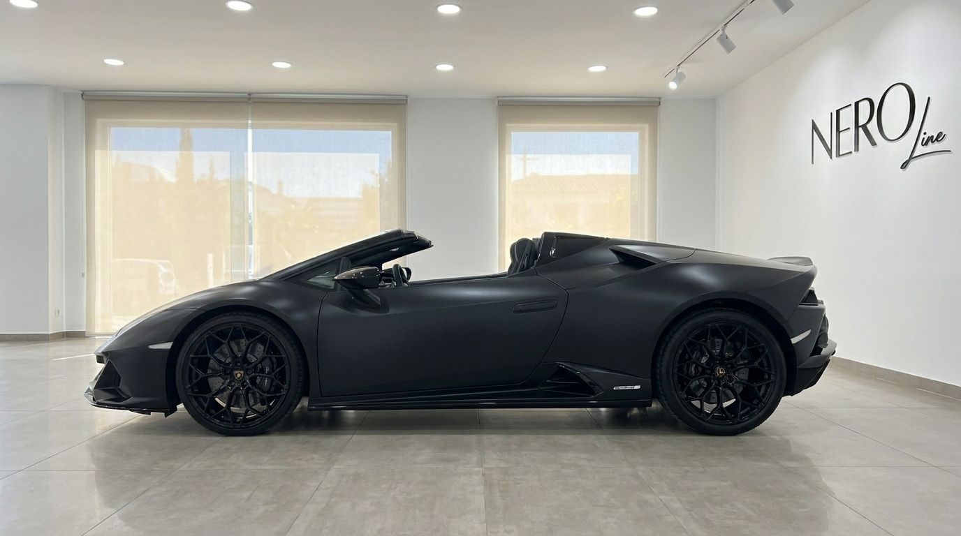 Der mattschwarze Lamborghini Huracan Spyder Cabrio wird in Seitenansicht in einem Luxus-Showroom in Marbella präsentiert.