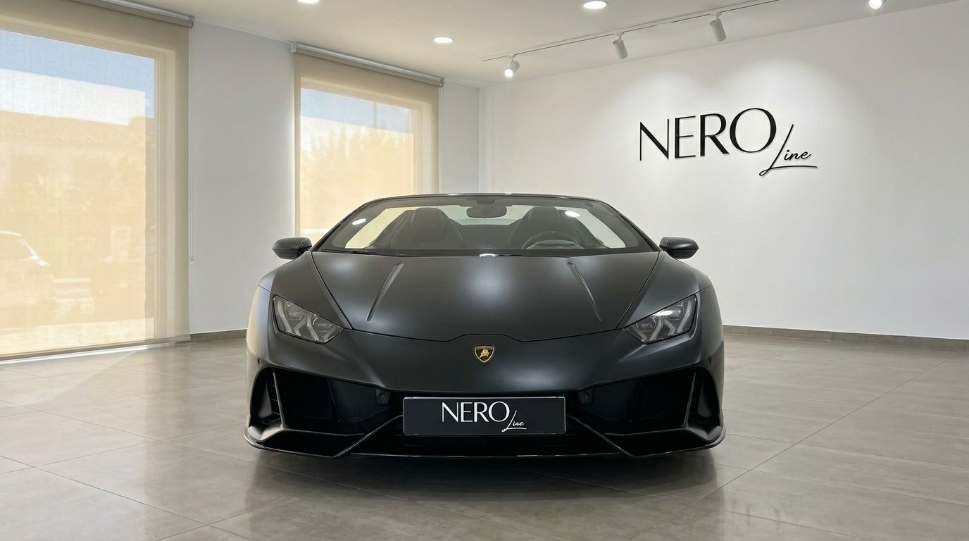 Ein mattschwarzer Lamborghini Huracan Spyder Cabrio steht frontal in einem Showroom in Marbella, mit dem Nero Line Logo.