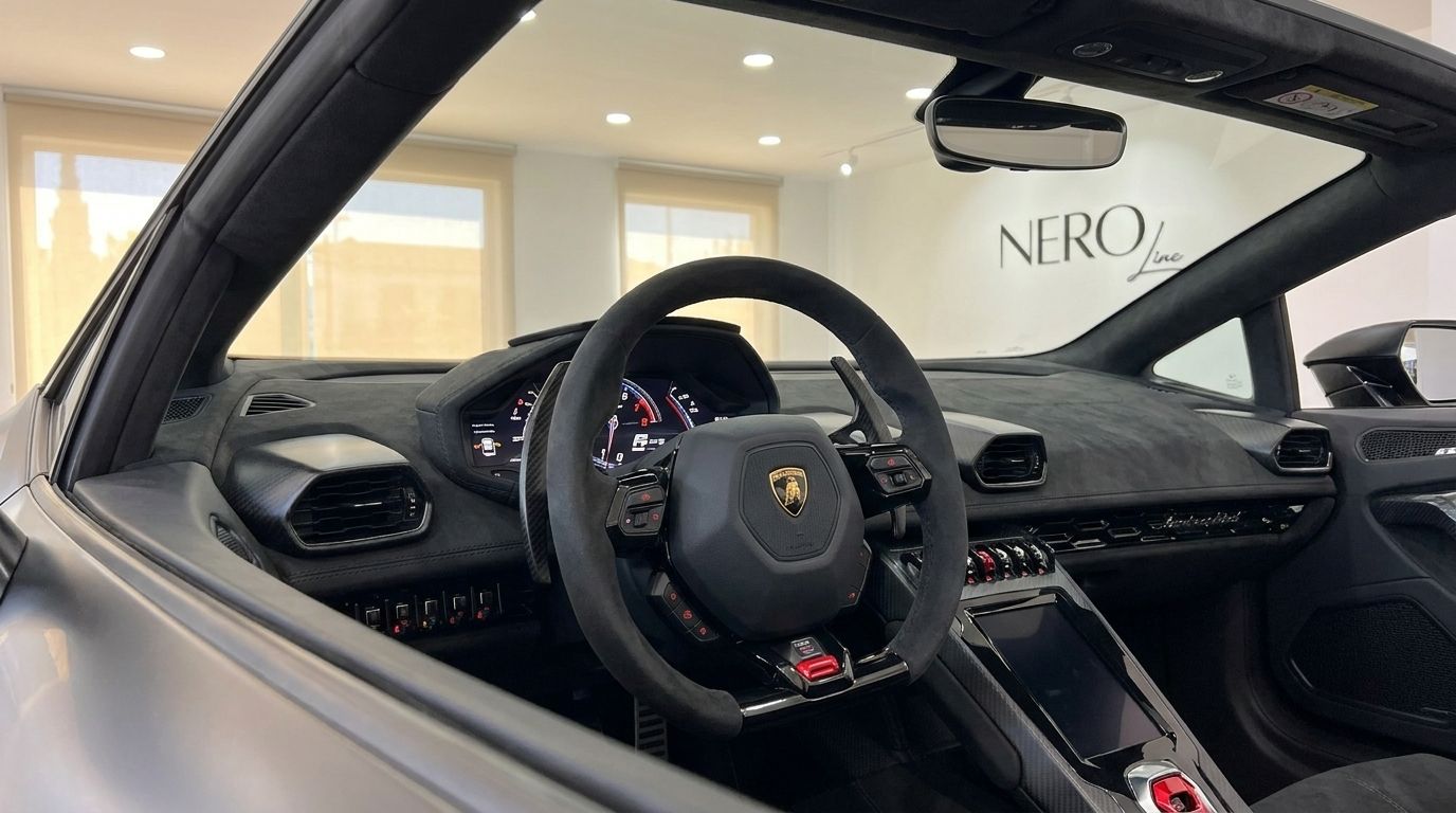 Das luxuriöse schwarze Interieur des Lamborghini Huracan Spyder, mit Lenkrad und Armaturenbrett, aufgenommen in Marbella.