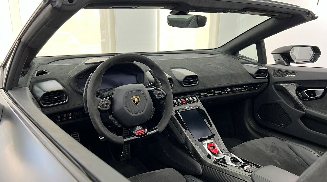Das luxuriöse Interieur des Lamborghini Huracan Spyder in Marbella, mit Lenkrad, Armaturenbrett und Mittelkonsole.