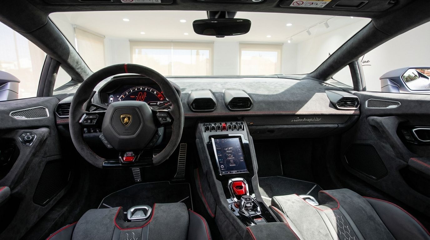 The luxurious interior of the Lamborghini Huracán Sterrato, featuring its distinctive steering wheel, digital dashboard, and central console.
