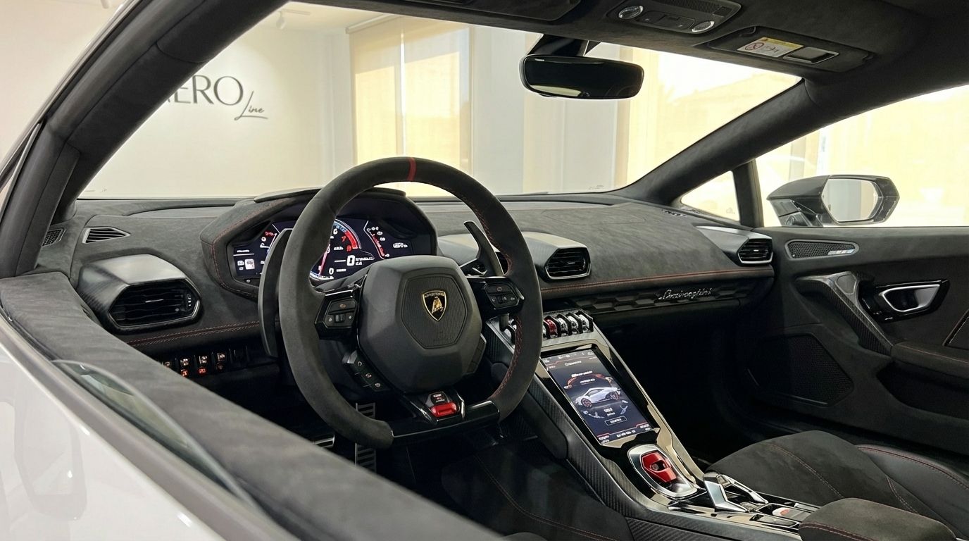The luxurious cockpit of the Lamborghini Huracán Sterrato in Madrid, showcasing its steering wheel, digital dashboard, and central console.