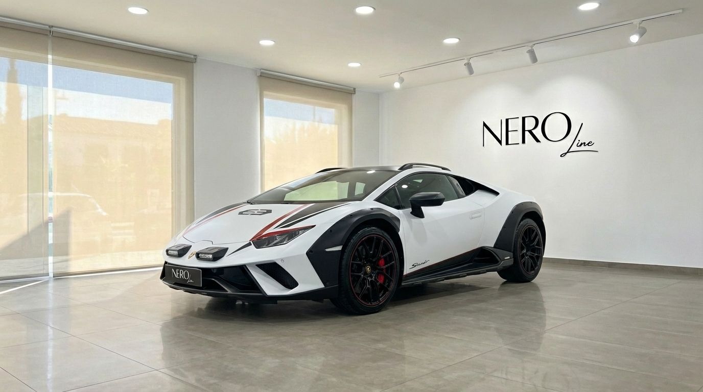 Un Lamborghini Huracán Sterrato blanco de 2024 con detalles negros y barras de techo se exhibe en un concesionario en Madrid.