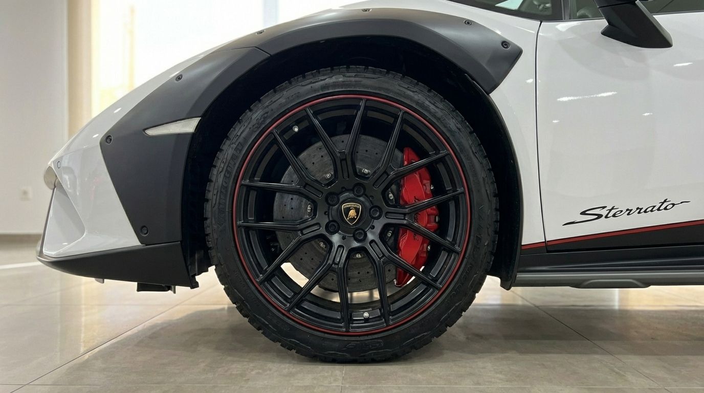 The front wheel of a white Lamborghini Huracán Sterrato in Madrid, featuring black rims with red accents and prominent red brake calipers.