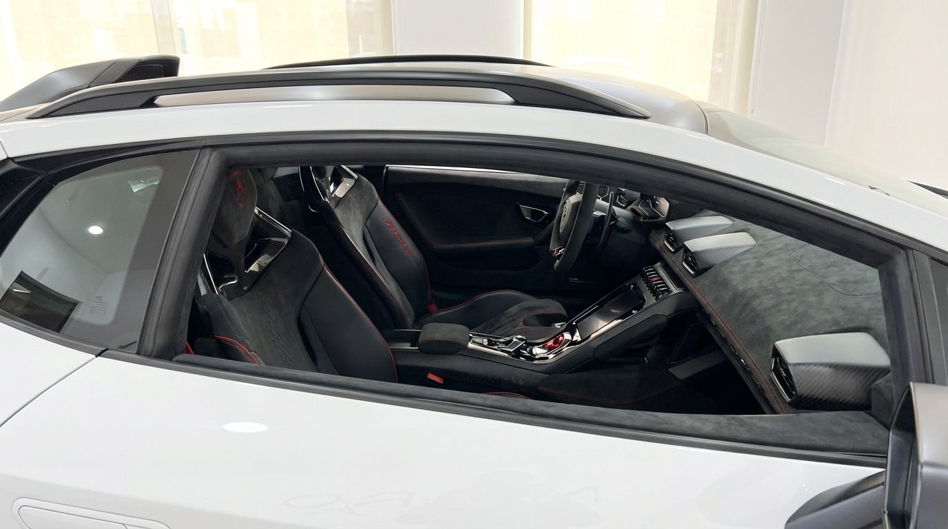 The luxurious black interior and cockpit of the 2024 Lamborghini Huracán Sterrato, featuring Alcantara seats with red stitching, viewed from the driver's side in Madrid.