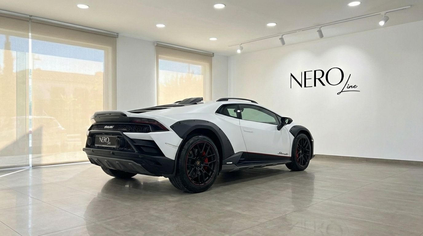 The white 2024 Lamborghini Huracán Sterrato is showcased from a rear three-quarter view in a showroom in Madrid.