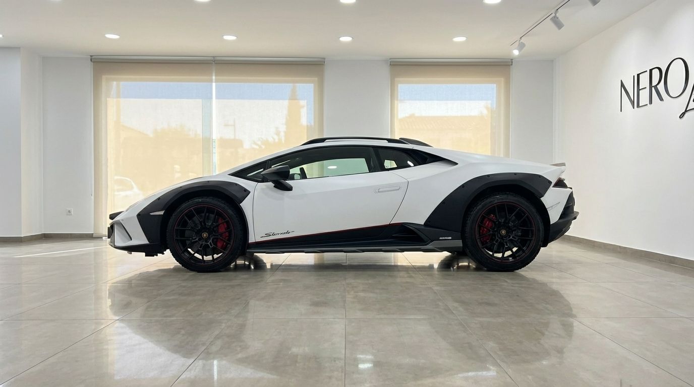 The white 2024 Lamborghini Huracán Sterrato with black accents is showcased in a side profile view inside a showroom in Madrid.