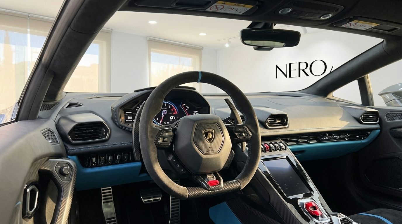 El lujoso interior del Lamborghini Huracan Tecnica en Madrid, mostrando el volante, el salpicadero digital y los detalles azules.