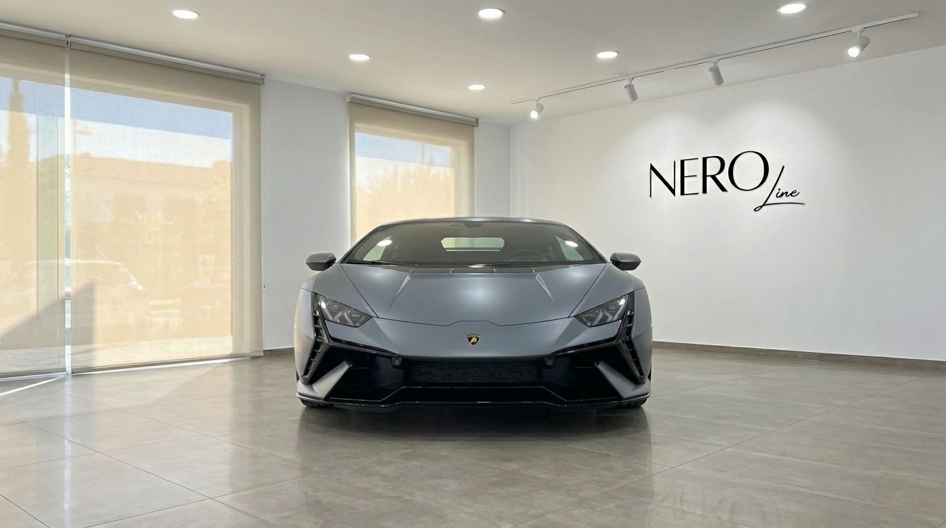 El Lamborghini Huracan Tecnica 2025 gris mate se exhibe prominentemente de frente en un luminoso showroom en Madrid.