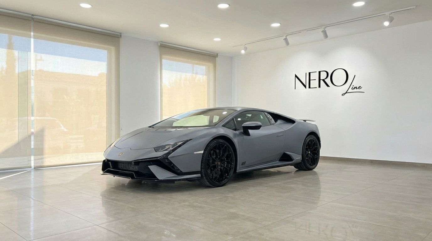 Un Lamborghini Huracan Tecnica 2025 gris mate se exhibe desde una vista tres cuartos frontal en un luminoso showroom de Madrid con el logo de Nero Line.