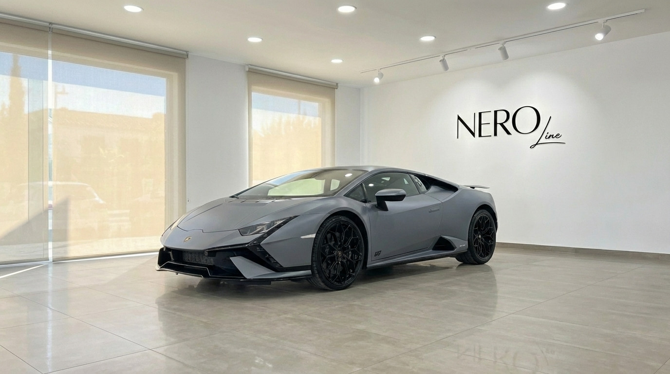 Lamborghini Huracan Tecnica — Showroom en Madrid Un Lamborghini Huracan Tecnica 2025 gris mate se exhibe desde una vista tres cuartos frontal en un luminoso showroom de Madrid con el logo de Nero Line.