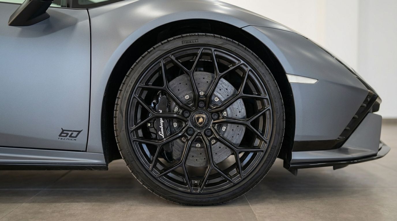 Primer plano de la rueda delantera del Lamborghini Huracan Tecnica gris mate, mostrando la llanta negra y la pinza de freno en Madrid.