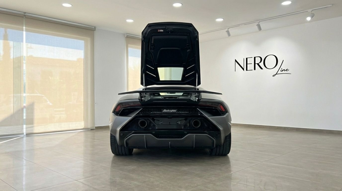 Vista trasera del Lamborghini Huracan Tecnica gris mate con el compartimento del motor abierto, expuesto en un luminoso showroom en Madrid.