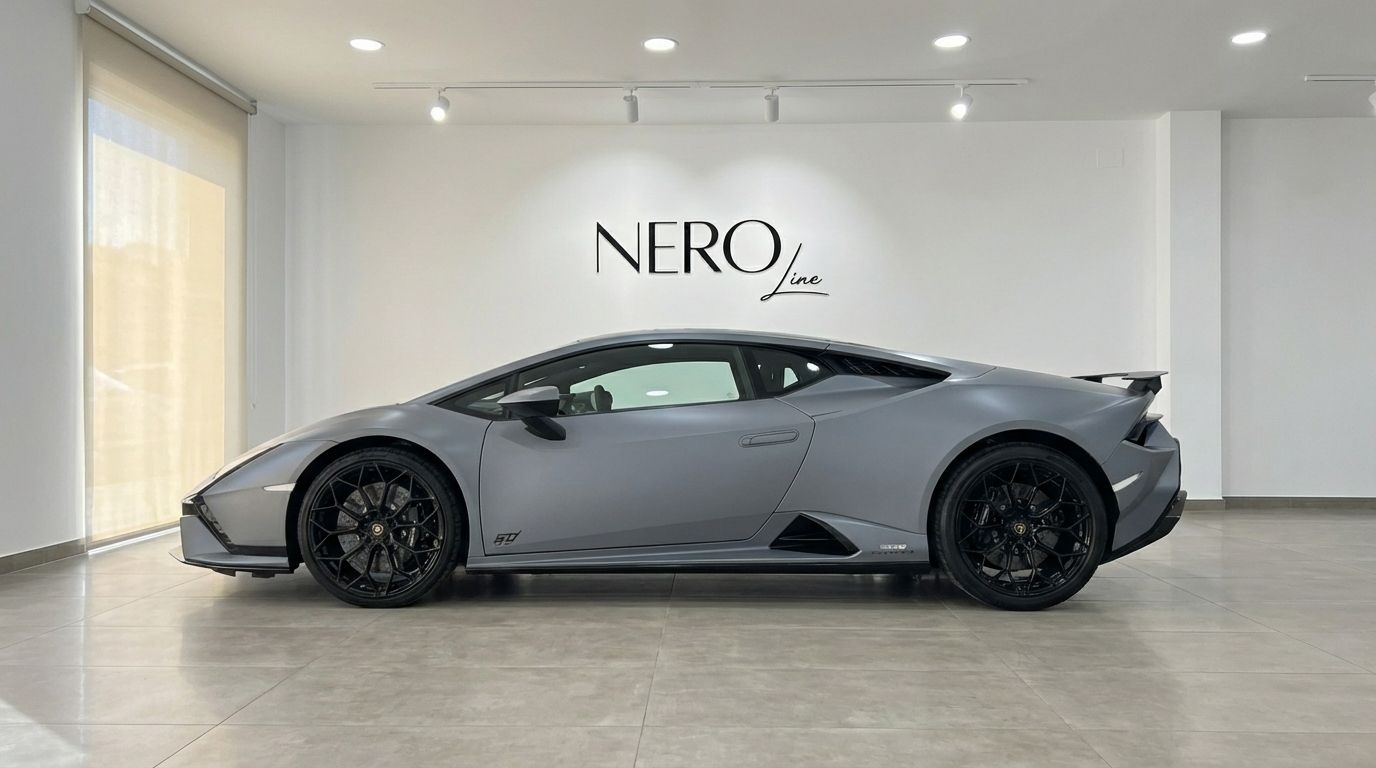 El Lamborghini Huracan Tecnica gris mate se exhibe en un concesionario, visto de perfil en Madrid.
