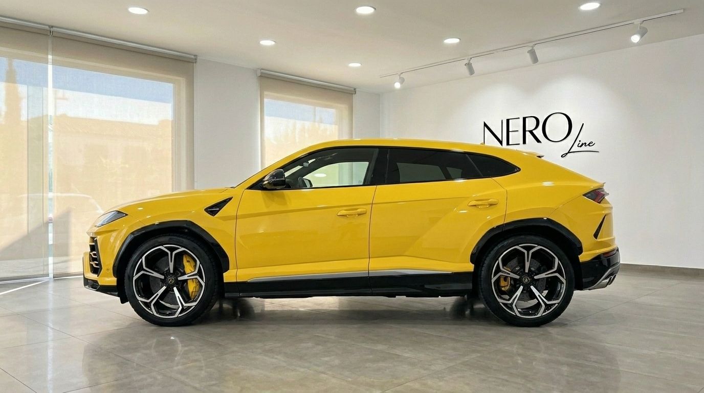 The gloss yellow Lamborghini Urus is showcased in a showroom, viewed from its elegant side profile in Marbella.