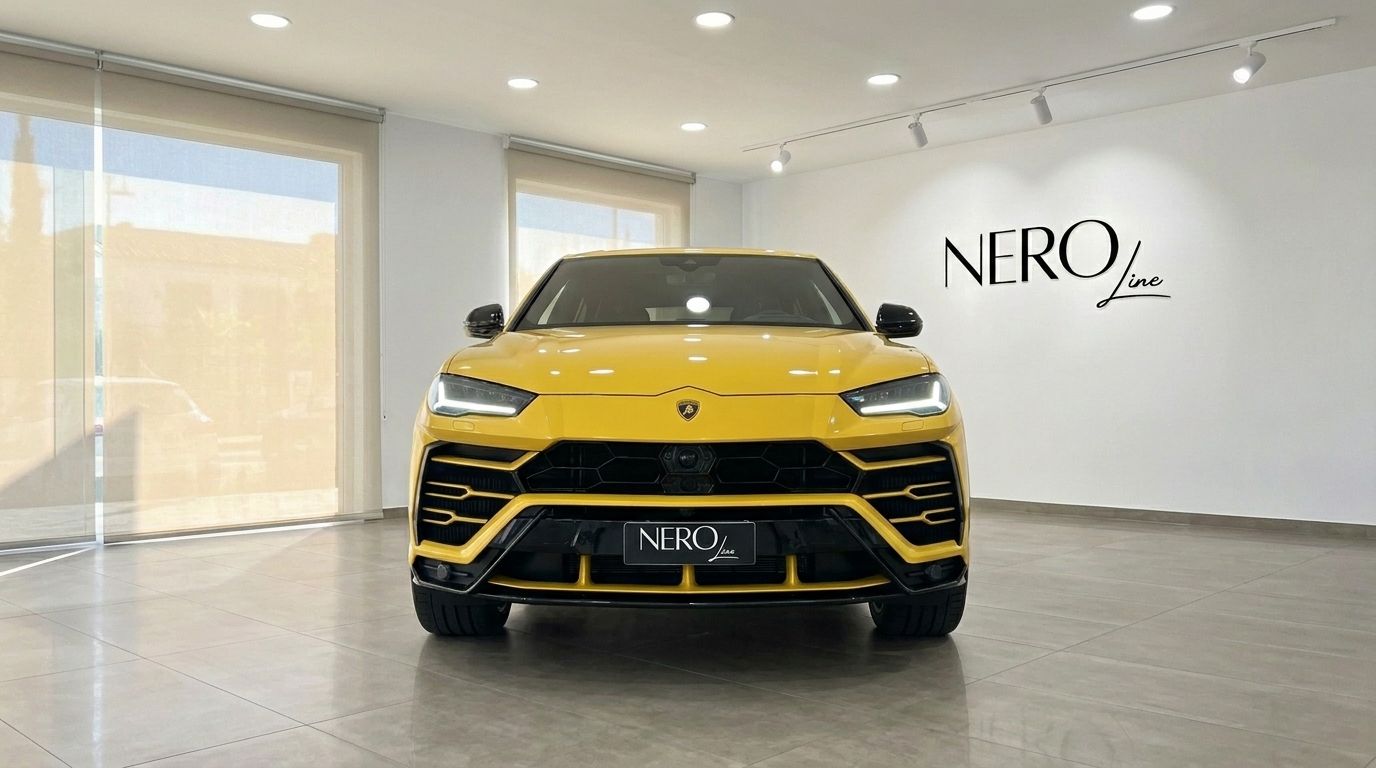 The yellow Lamborghini Urus 2020 is prominently displayed from the front in a bright showroom in Marbella.