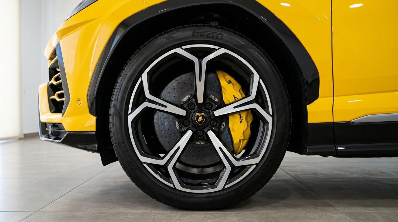 The yellow Lamborghini Urus showcases its distinctive front wheel with black and silver rims and yellow brake calipers in Marbella.