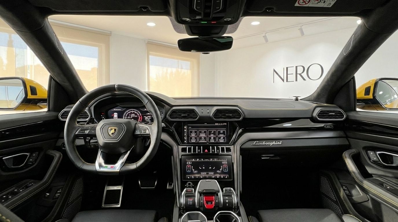 The luxurious interior cockpit of the 2020 Lamborghini Urus in Marbella, featuring the steering wheel, dashboard, and central console.