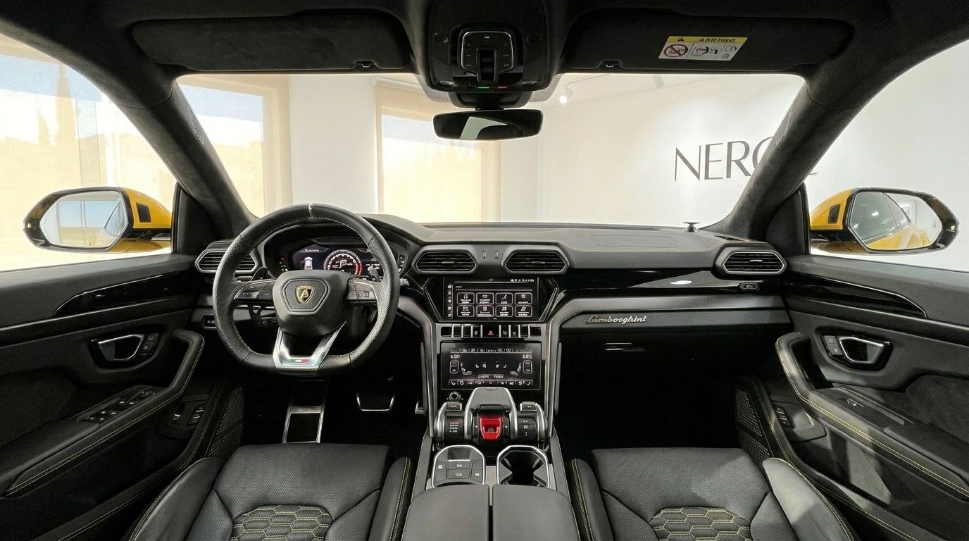 The luxurious cockpit of the 2020 Lamborghini Urus in Marbella, featuring its sophisticated dashboard, steering wheel, and black leather seats.
