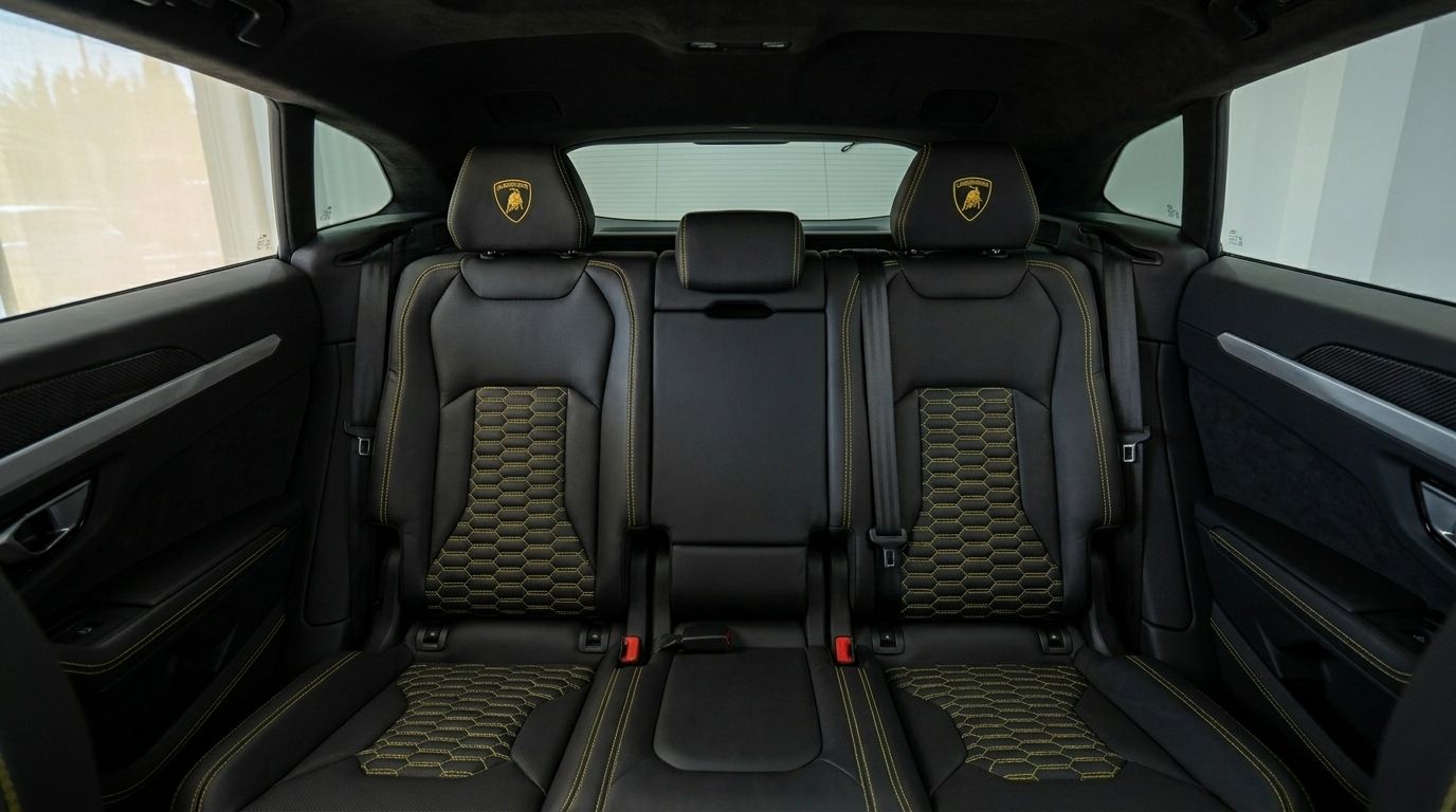 The luxurious black leather rear seats with yellow hexagonal stitching and Lamborghini logos in the Urus in Marbella.