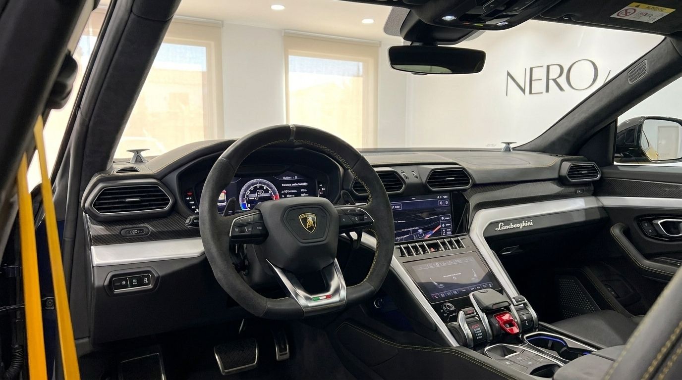 The luxurious black and yellow interior of the 2021 Lamborghini Urus, showcasing its cockpit and dashboard in Alicante.