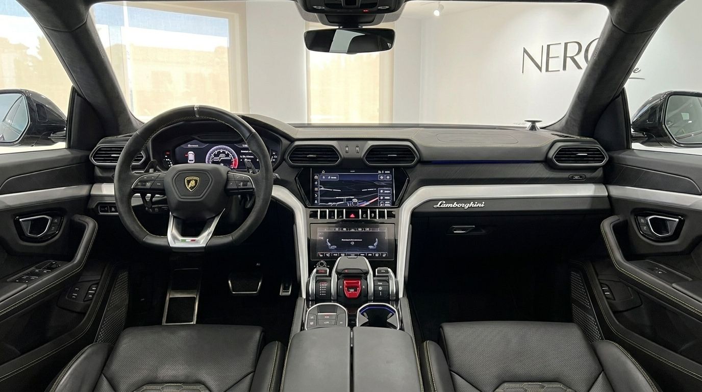 The luxurious black interior of the Lamborghini Urus, showcasing the dashboard, steering wheel, and central console in Alicante.