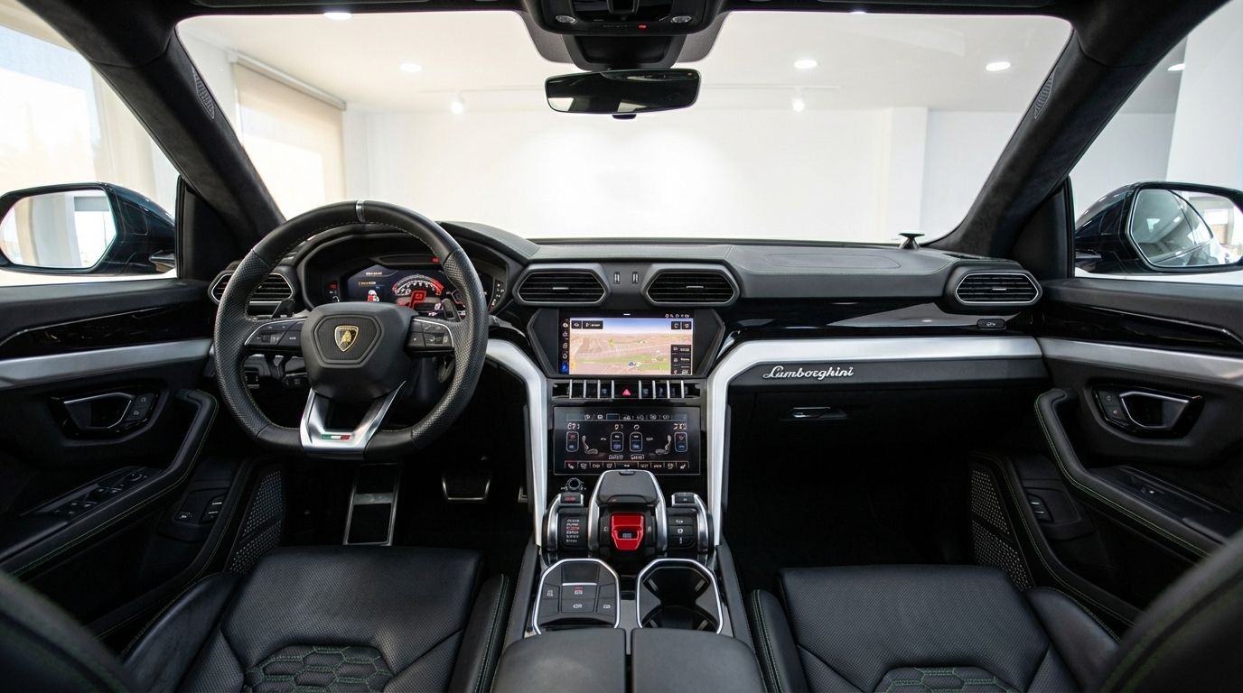 The luxurious interior of the Lamborghini Urus in Barcelona, showing its sleek dashboard, steering wheel, central console, and black leather seats with green accents.