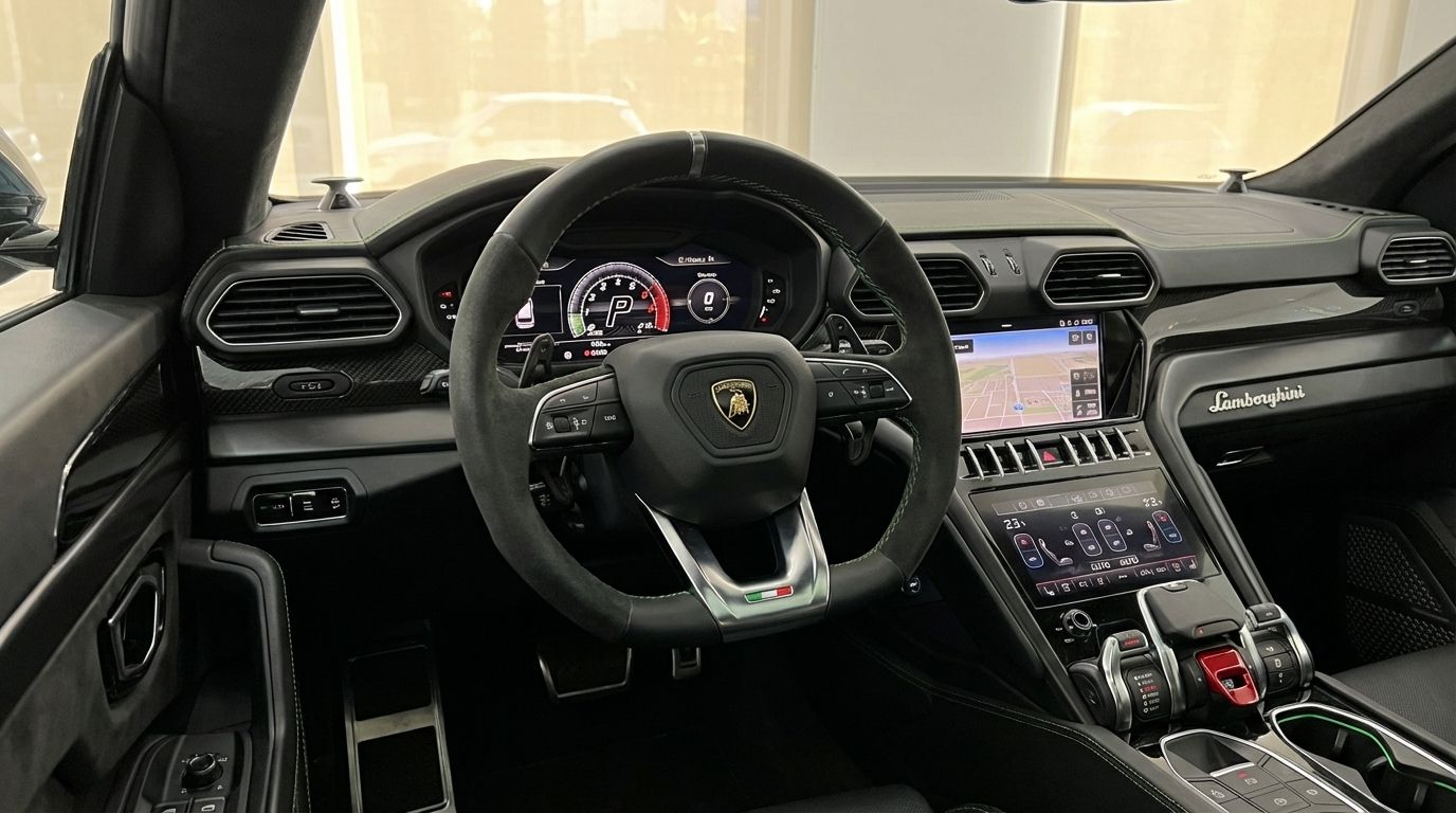 The luxurious interior of the 2023 Lamborghini Urus in Barcelona, showcasing its advanced cockpit with steering wheel and dual screens.