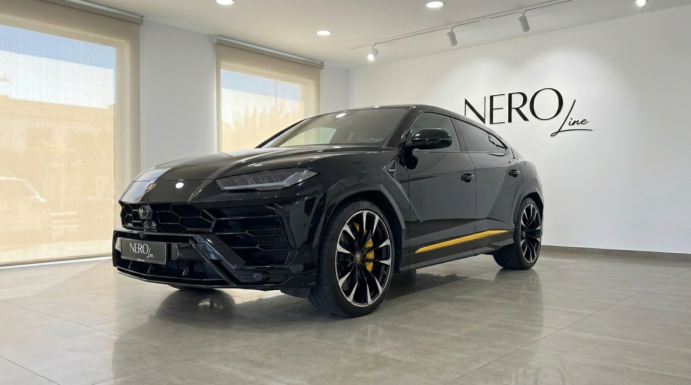 Lamborghini Urus — Front view in Alicante showroom A black Lamborghini Urus with distinctive yellow accents is showcased in a modern showroom in Alicante, front three-quarter view.