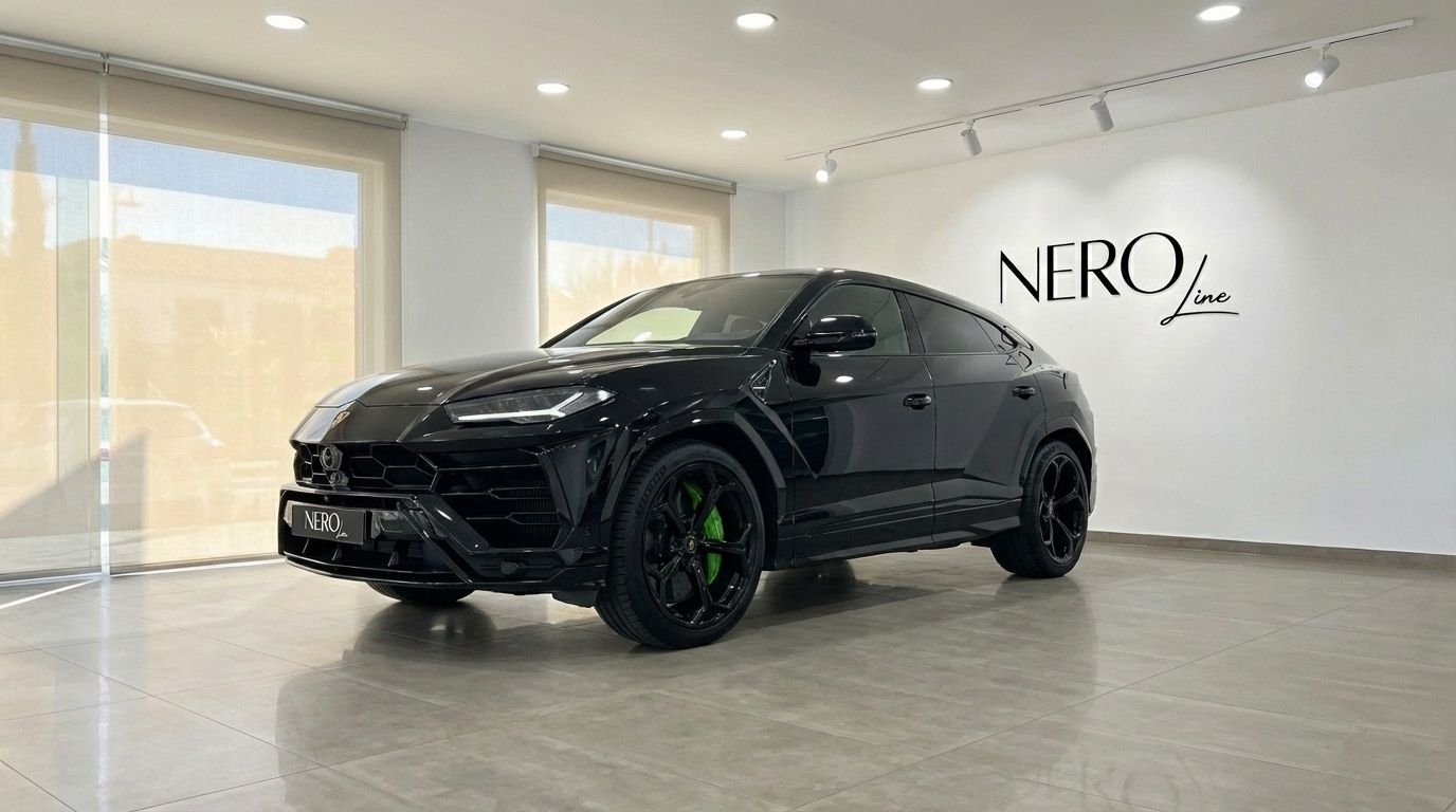 A sleek black Lamborghini Urus with vibrant green brake calipers, captured in a showroom, front three-quarter view, in Barcelona.