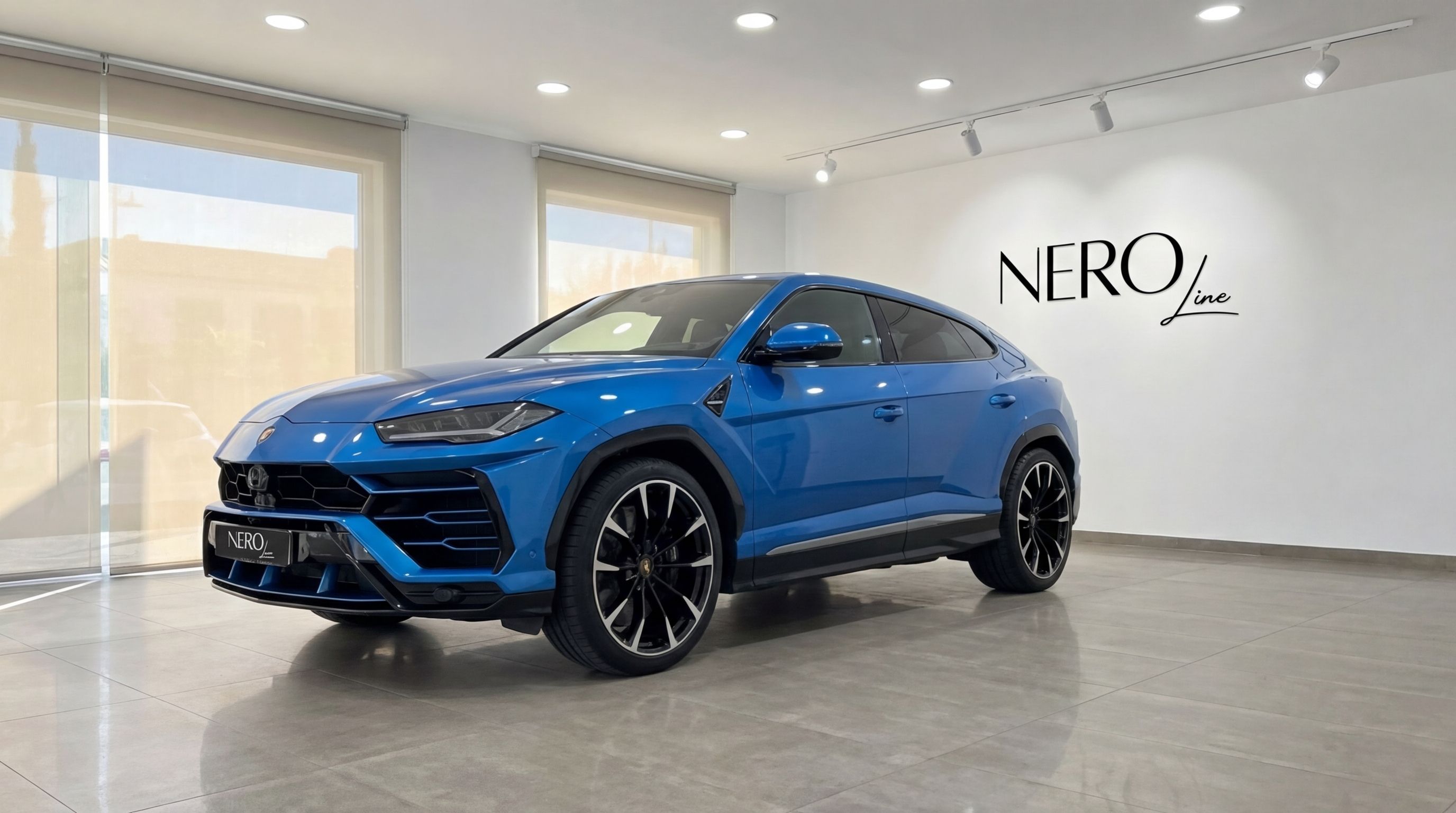 A metallic blue Lamborghini Urus is parked indoors, viewed from the front three-quarter angle in Mallorca.