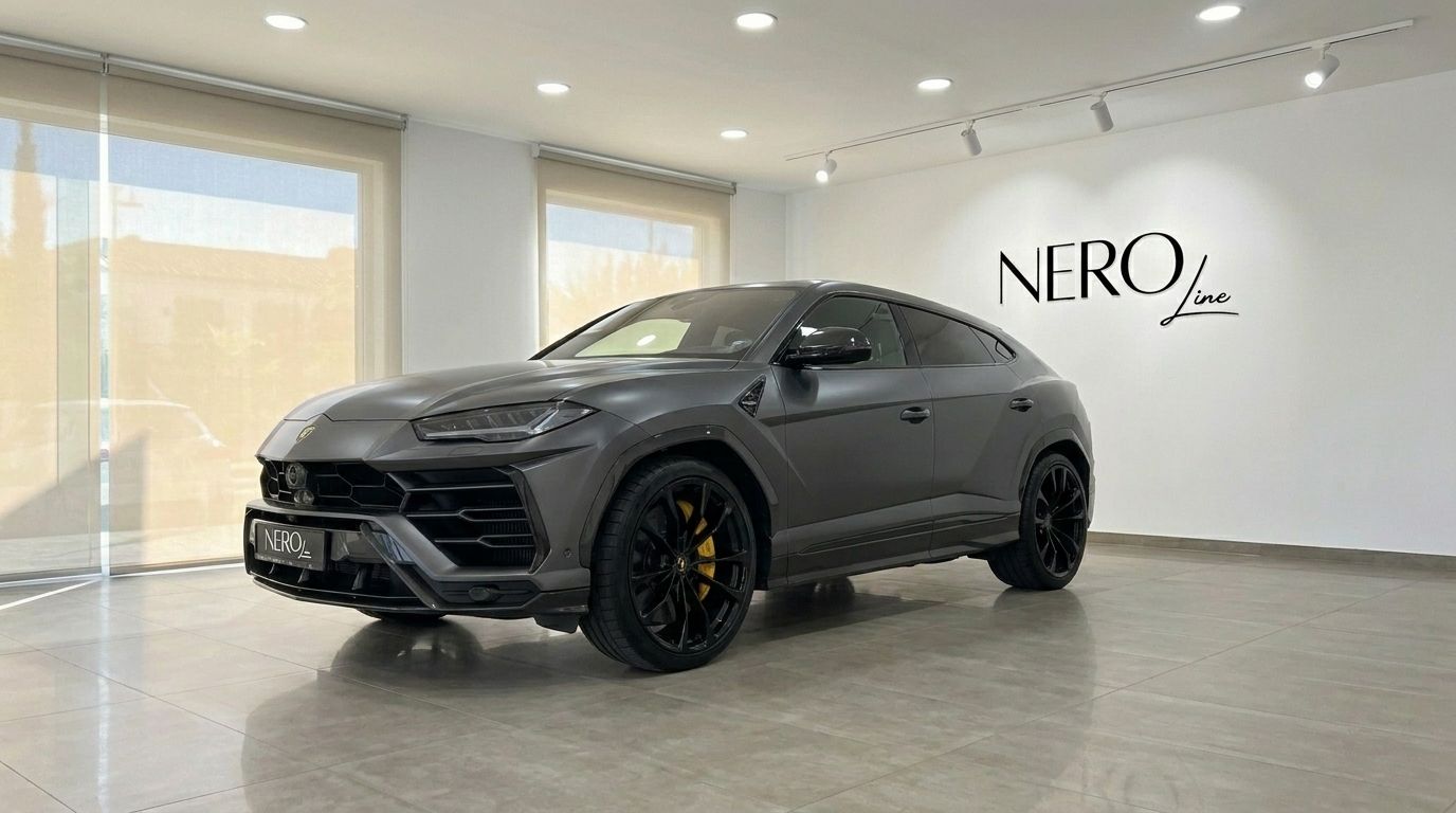 マットダークグレーの2022年ランボルギーニウルスがマルベーリャの屋内に駐車されており、前方3/4の角度から撮影されています。