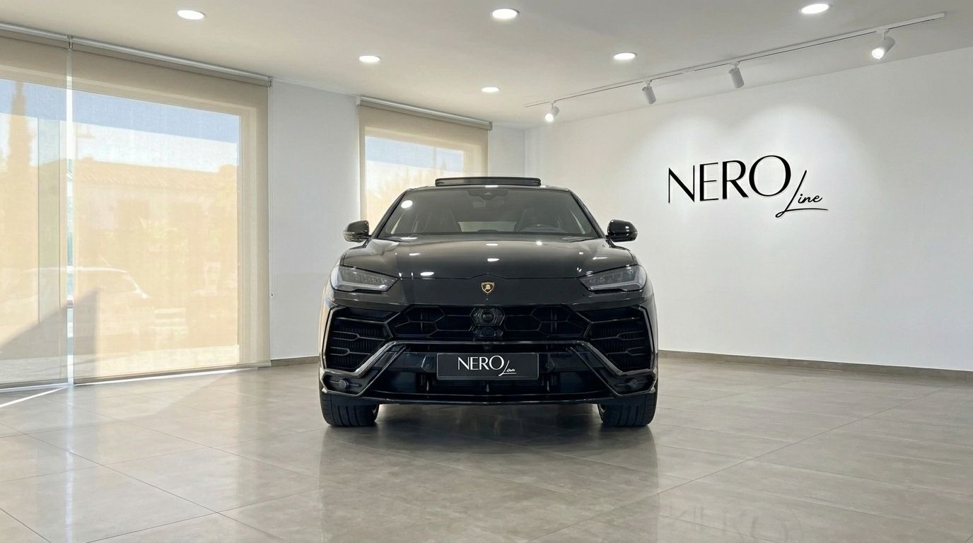 The black 2021 Lamborghini Urus is prominently displayed from a front view inside a showroom in Alicante.