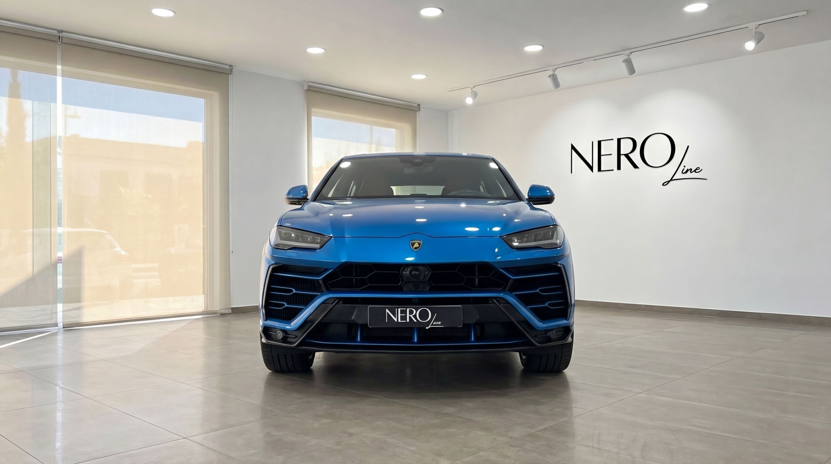 A metallic blue Lamborghini Urus is parked head-on in a bright showroom with the NEROline logo on the wall in Mallorca.