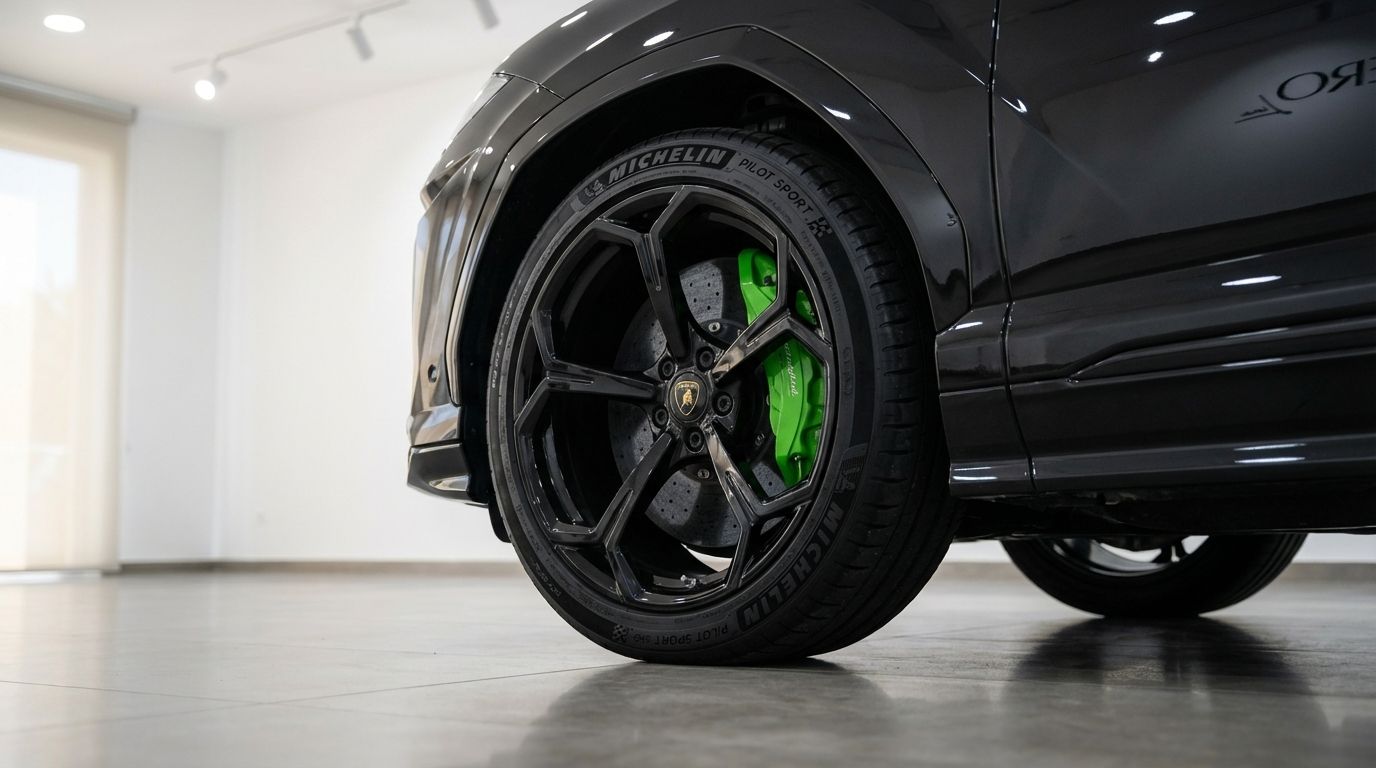 The front wheel of a black Lamborghini Urus in Barcelona, showcasing its black multi-spoke rim and vibrant green brake caliper.
