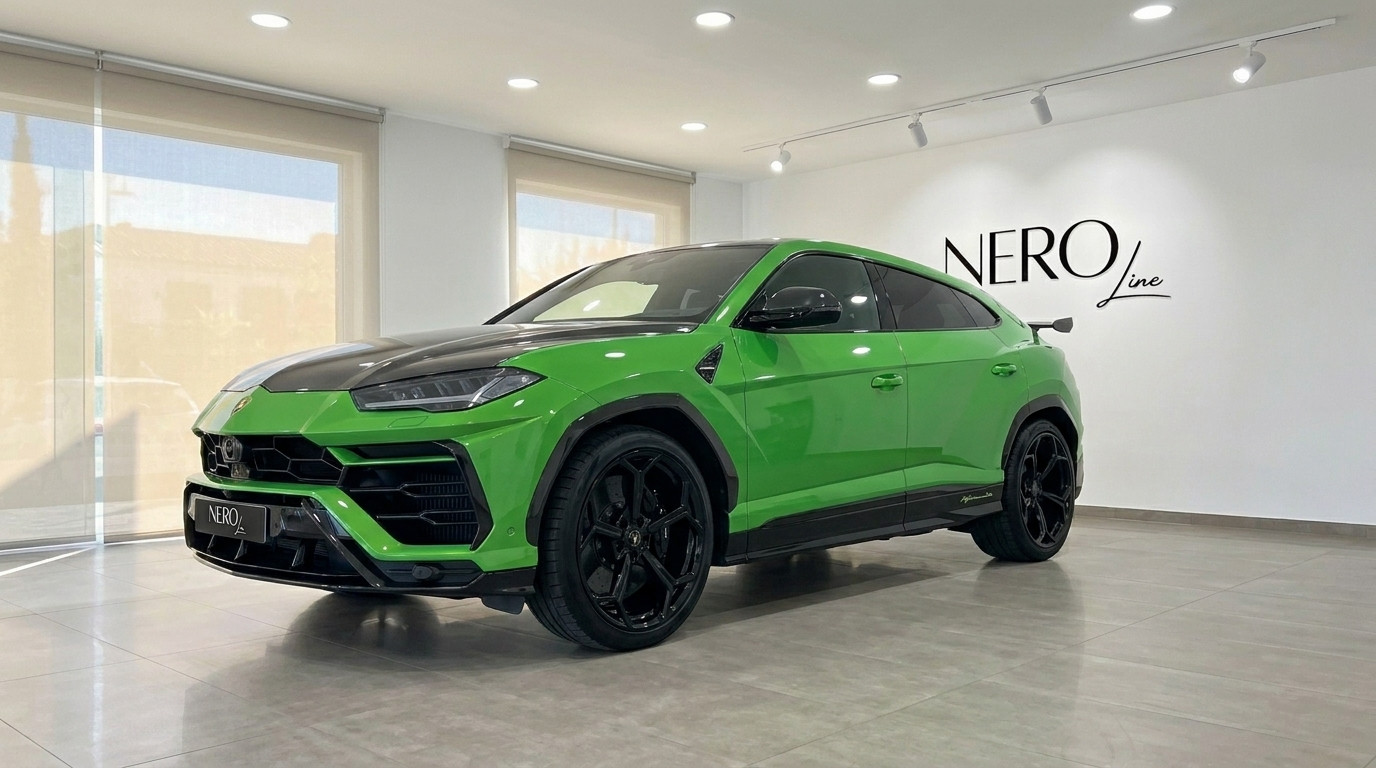 Lamborghini Urus Performante — Green SUV in Ibiza The vibrant gloss bright green Lamborghini Urus Performante, with its black hood and wheels, is showcased in a showroom in Ibiza.
