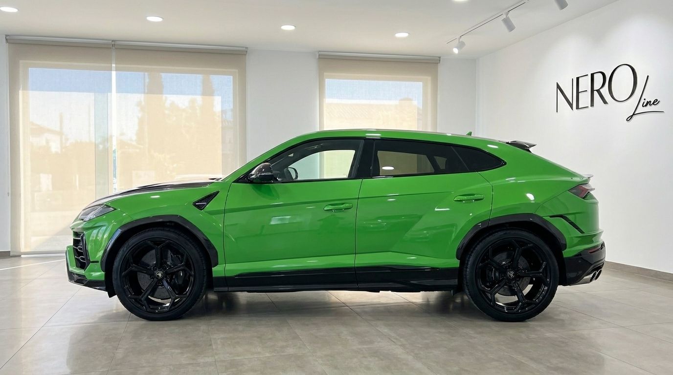 The vibrant gloss bright green Lamborghini Urus Performante is showcased in a side profile view inside a showroom in Ibiza.