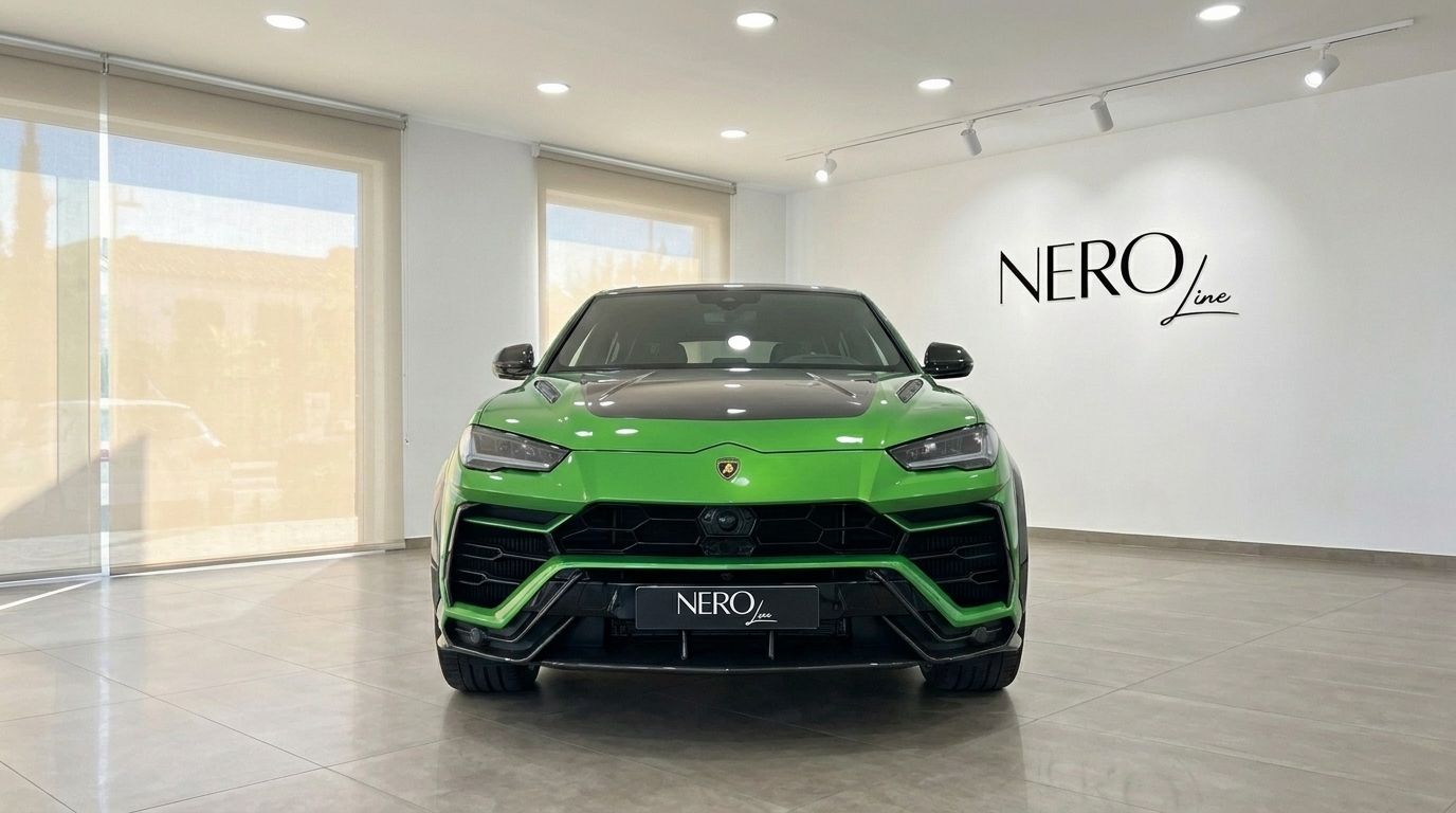 Front view of a bright green Lamborghini Urus Performante parked indoors at a showroom in Ibiza.